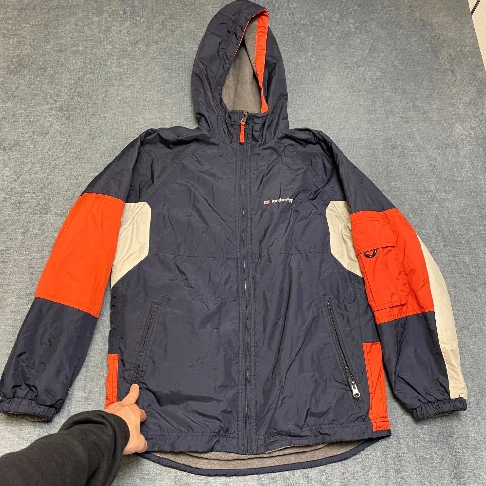 London Fog Reversible Jacket Youth L Navy Nylon to Fleece Hooded Raglan Sleeve